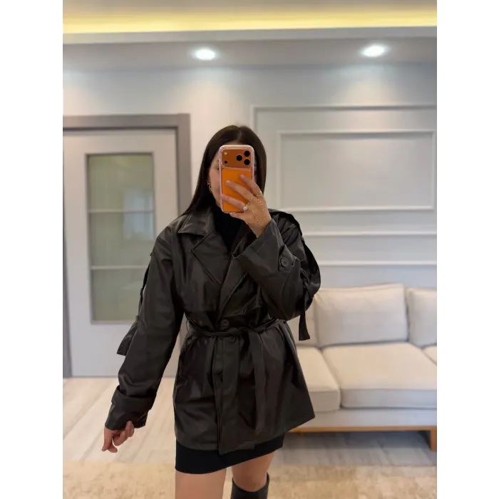 Kemerli Deri Trençkot