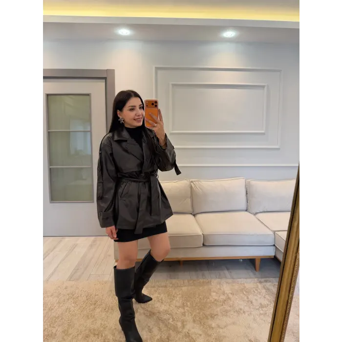 Kemerli Deri Trençkot