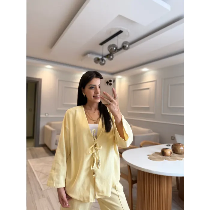 Keten Bağlamalı Gömlek Pantolon Takım