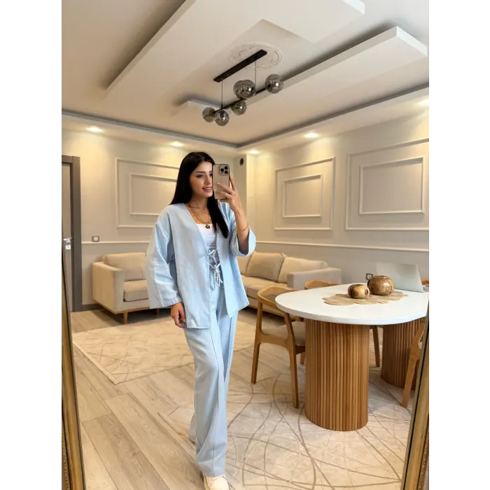 Keten Bağlamalı Gömlek Pantolon Takım