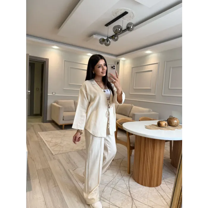 Keten Bağlamalı Gömlek Pantolon Takım