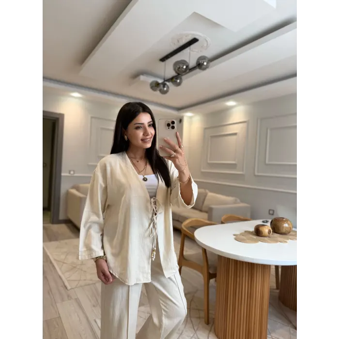 Keten Bağlamalı Gömlek Pantolon Takım