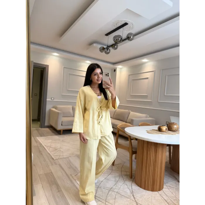 Keten Bağlamalı Gömlek Pantolon Takım