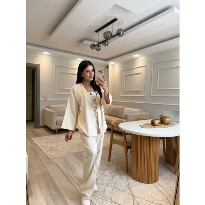 Keten Bağlamalı Gömlek Pantolon Takım