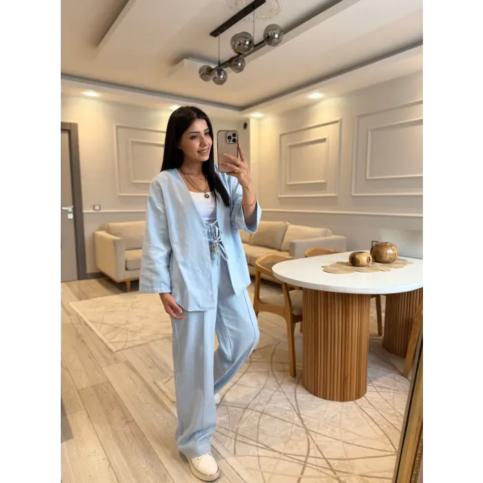 Keten Bağlamalı Gömlek Pantolon Takım