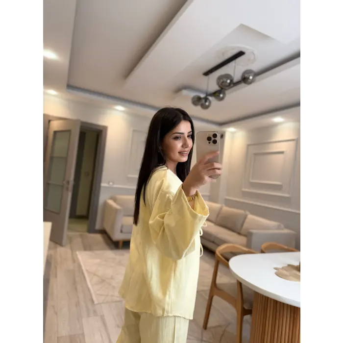 Keten Bağlamalı Gömlek Pantolon Takım