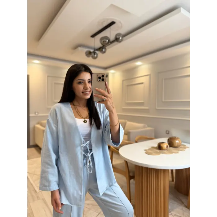 Keten Bağlamalı Gömlek Pantolon Takım