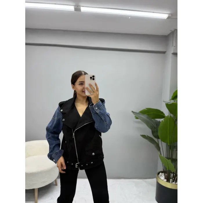 Kol Denim Detaylı Süet Mont