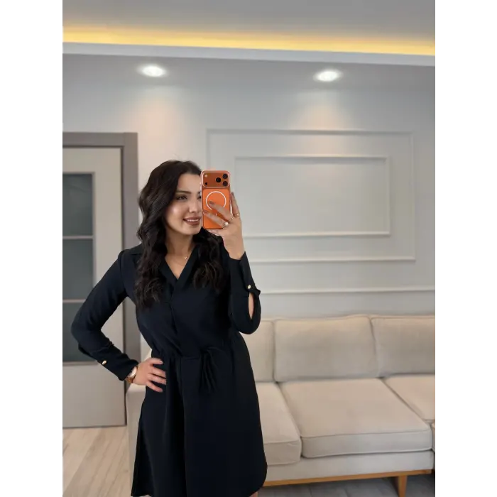 Kruvaze Gömlek Yaka Elbise