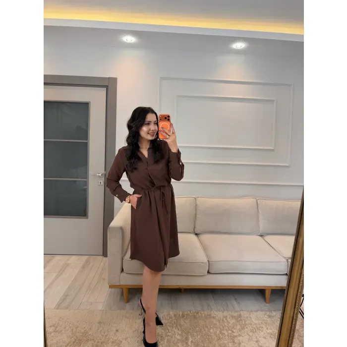 Kruvaze Gömlek Yaka Elbise