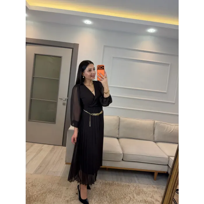 Kruvaze Zincir Kemerli Elbise