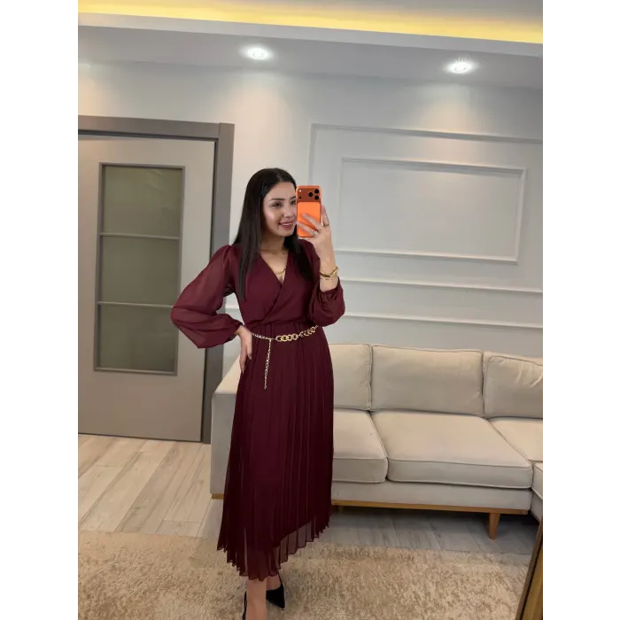 Kruvaze Zincir Kemerli Elbise