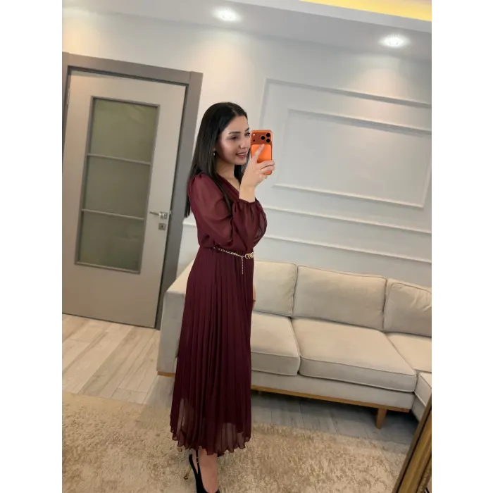 Kruvaze Zincir Kemerli Elbise