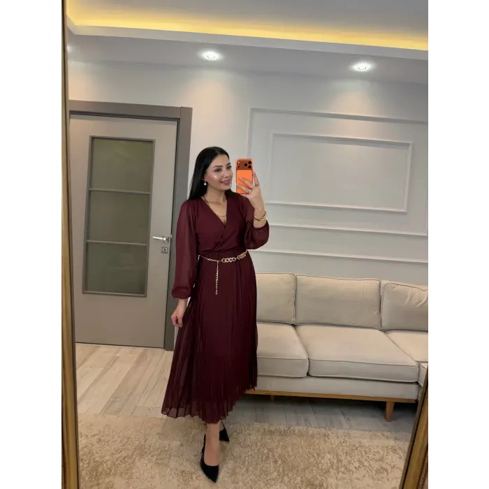 Kruvaze Zincir Kemerli Elbise