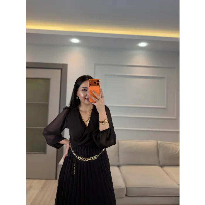 Kruvaze Zincir Kemerli Elbise