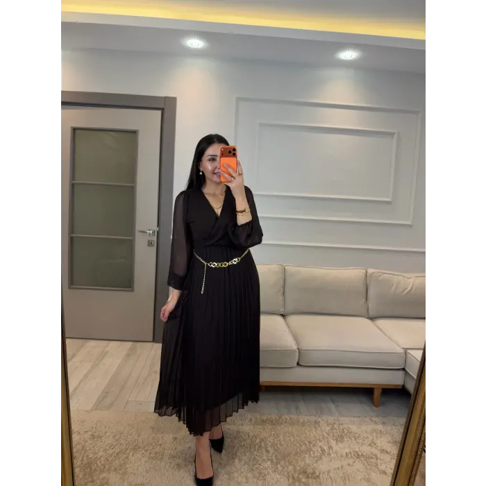 Kruvaze Zincir Kemerli Elbise