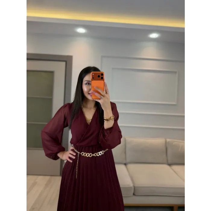 Kruvaze Zincir Kemerli Elbise