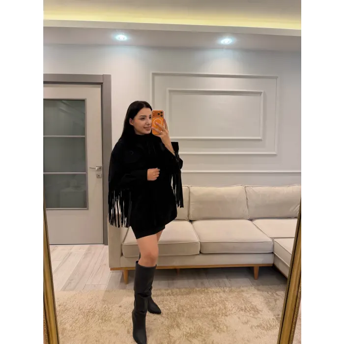 Kürk Ve Püskül Detaylı Kaşe Ceket