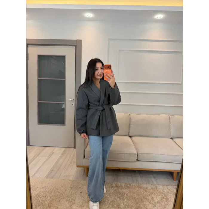 Kuşaklı Dik Yaka Kaşe Kaban