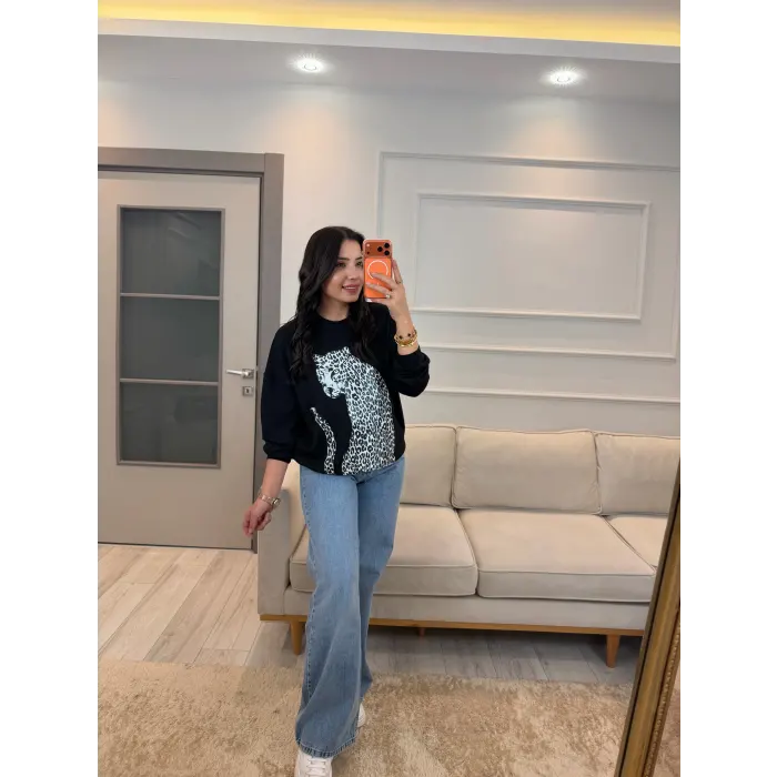 Leopar Baskılı Modal Sweatshirt