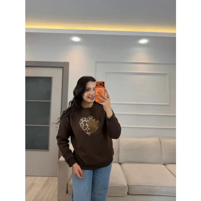 Leopar Peluş Kalp Desenli Sweatshirt