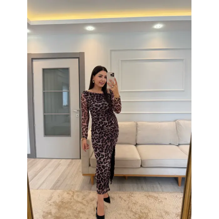 Leopar Tül Düşük Omuz Elbise