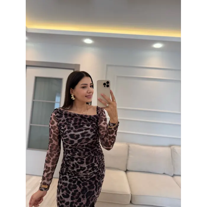 Leopar Tül Düşük Omuz Elbise