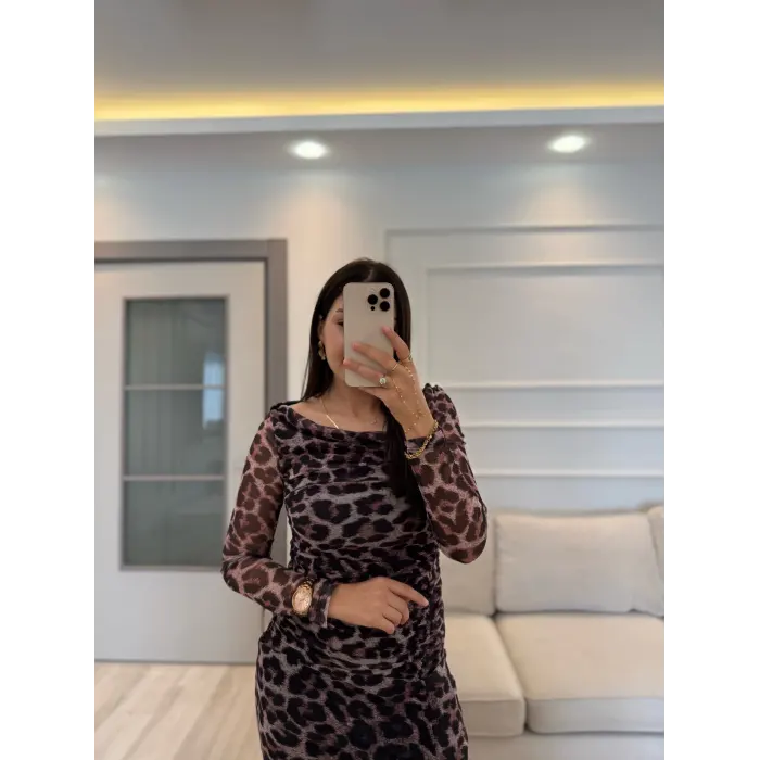 Leopar Tül Düşük Omuz Elbise