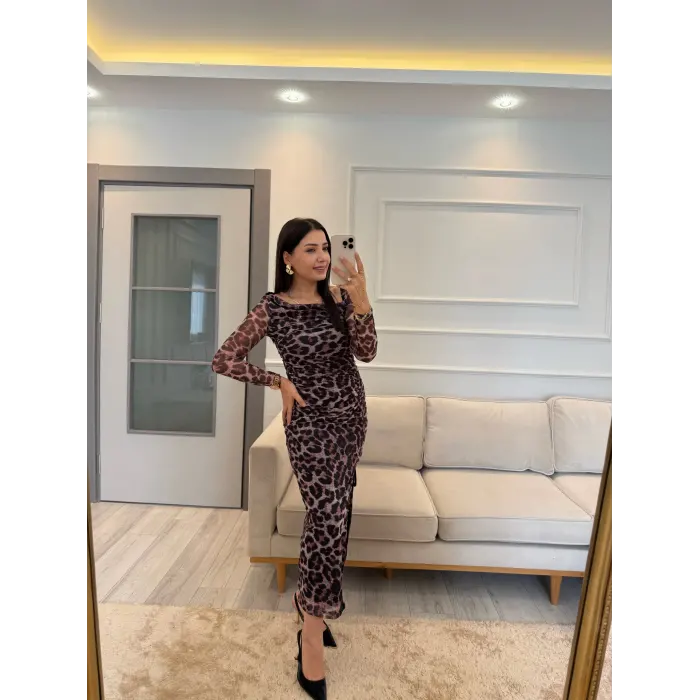 Leopar Tül Düşük Omuz Elbise