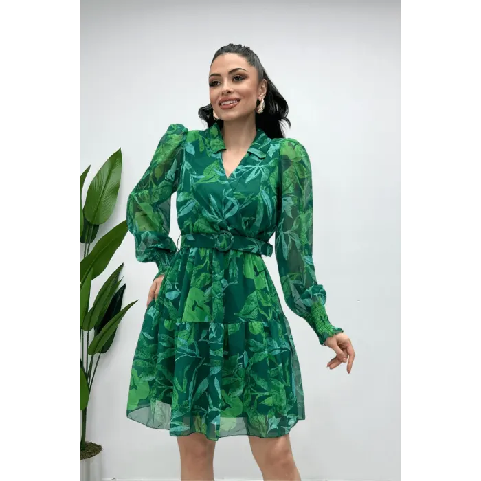 Looking V Yaka Kemerli Şifon Elbise