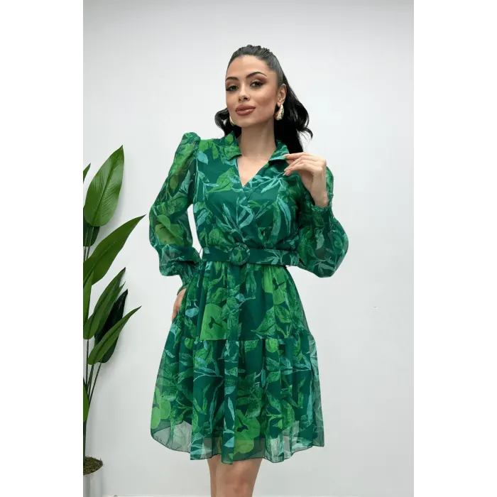 Looking V Yaka Kemerli Şifon Elbise