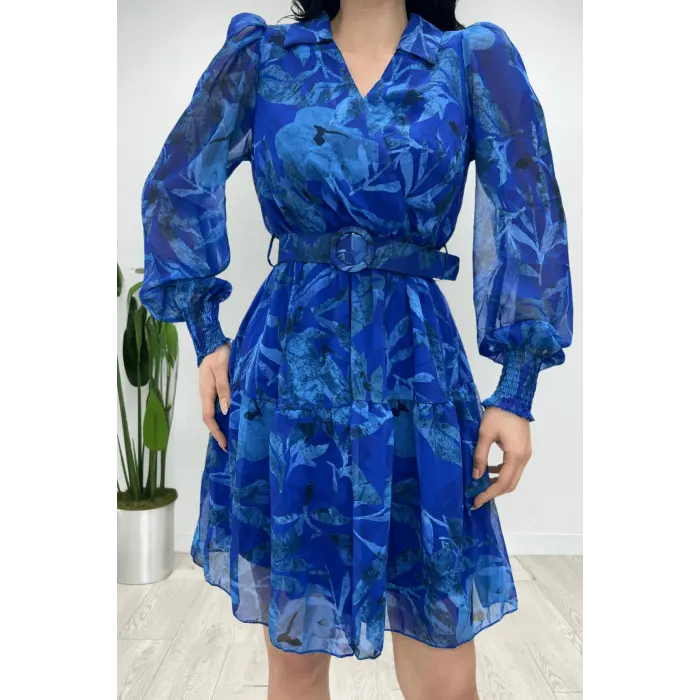 Looking V Yaka Kemerli Şifon Elbise