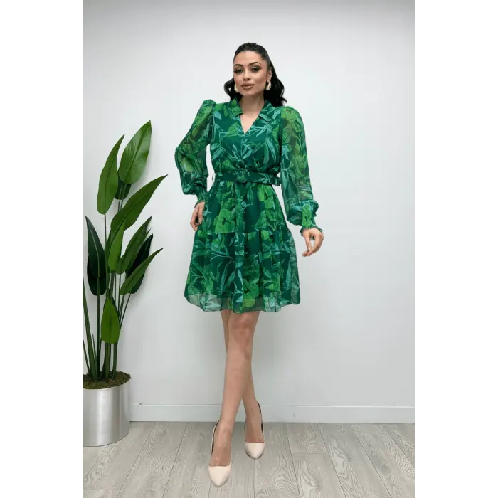 Looking V Yaka Kemerli Şifon Elbise