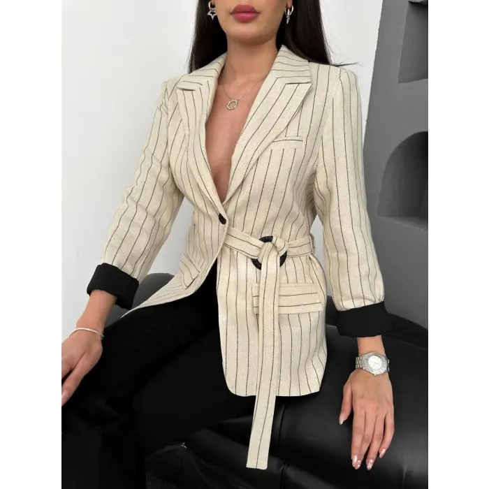 Majori Çizgili Keten Blazer Ceket