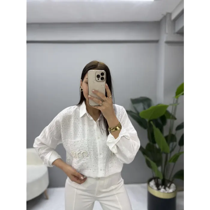 Miu Miu Serpme İnci Taşlı Aerobin Kumaş Gömlek