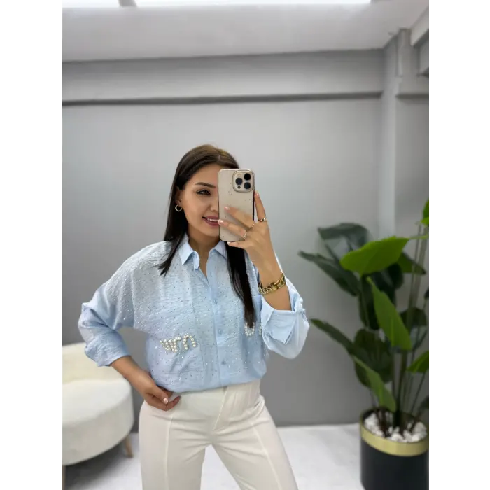 Miu Miu Serpme İnci Taşlı Aerobin Kumaş Gömlek