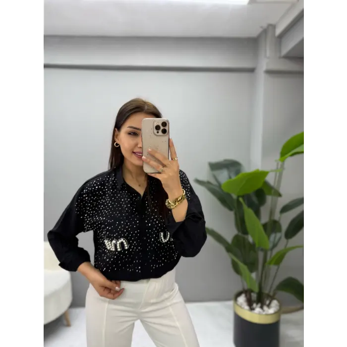 Miu Miu Serpme İnci Taşlı Aerobin Kumaş Gömlek