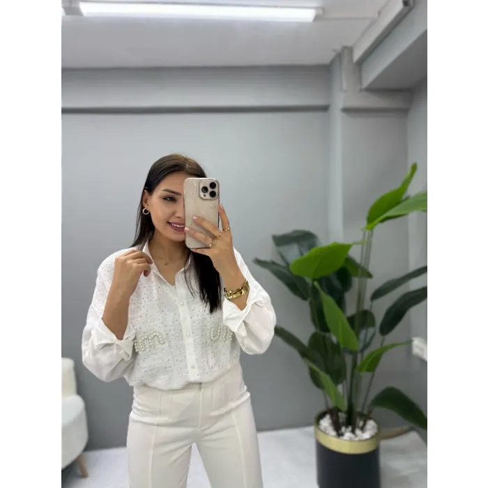 Miu Miu Serpme İnci Taşlı Aerobin Kumaş Gömlek