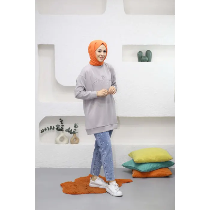 Modal Kumaş Kabartma Yazılı Sweatshirt