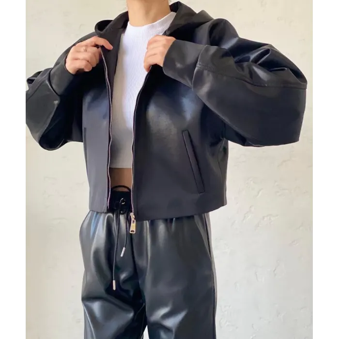 Picker Kapşonlu Örme Deri Mont