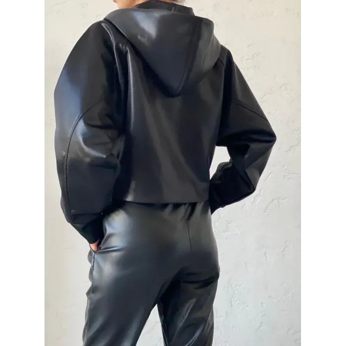 Picker Kapşonlu Örme Deri Mont