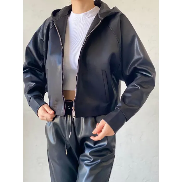 Picker Kapşonlu Örme Deri Mont