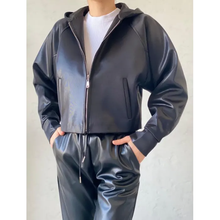 Picker Kapşonlu Örme Deri Mont