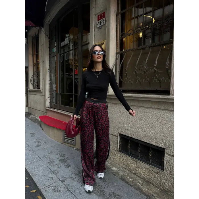 Premium Biyeli Leopar Saten Pantolon