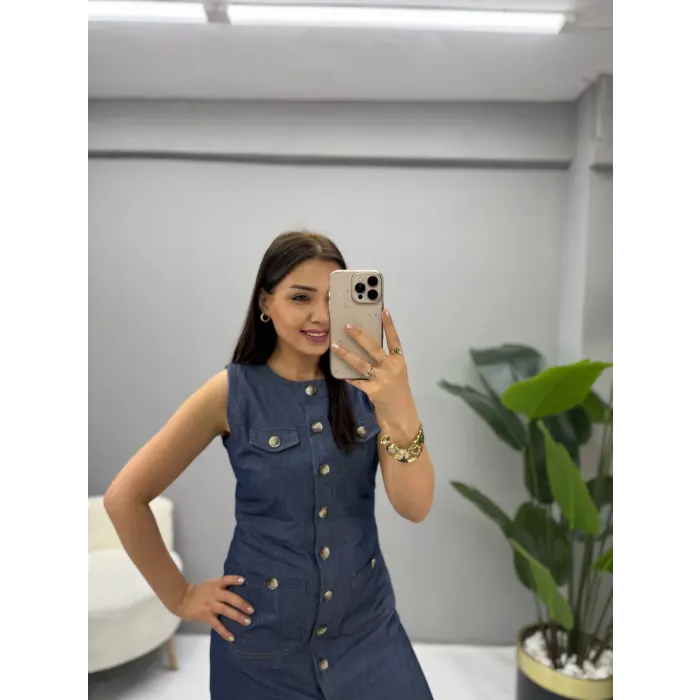 Premium Denim Sıfır Kol Elbise