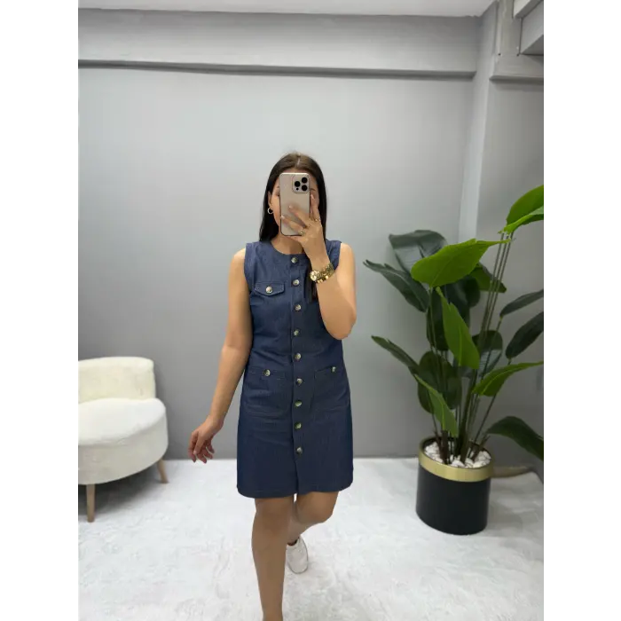 Premium Denim Sıfır Kol Elbise