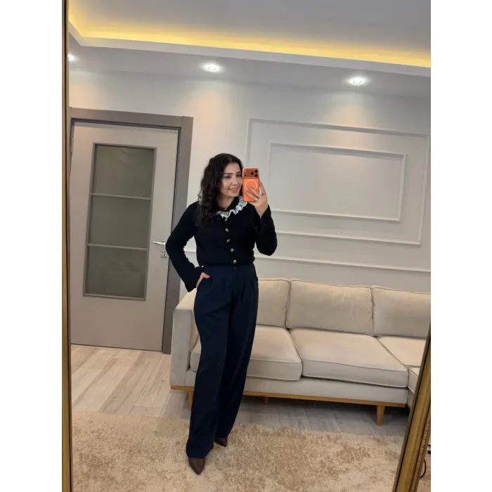 Premium Gold Düğmeli Palazzo Pantolon