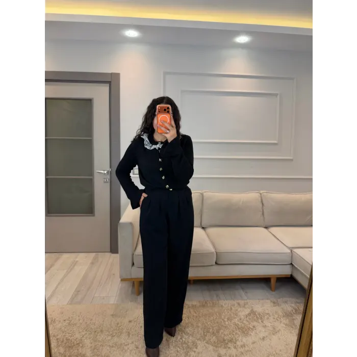 Premium Gold Düğmeli Palazzo Pantolon