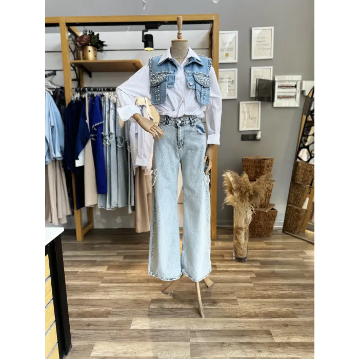 Premium Kot Detaylı İncili Gömlek