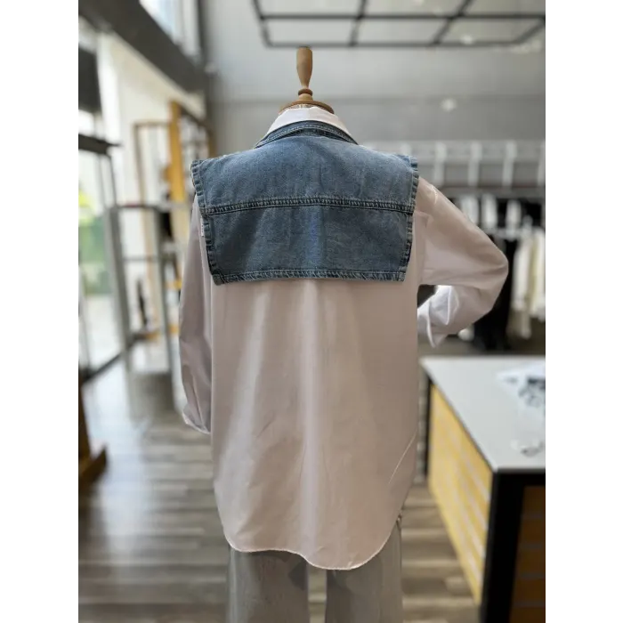 Premium Kot Detaylı İncili Gömlek